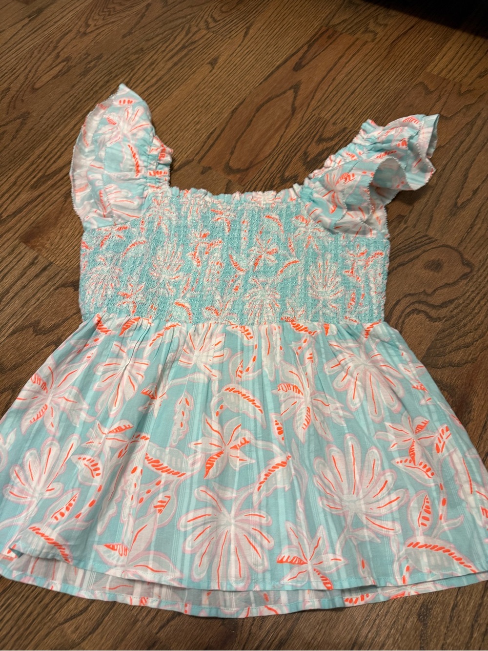 Vineyard Vines Aqua and Coral Floral Smocked Ruffle Tank